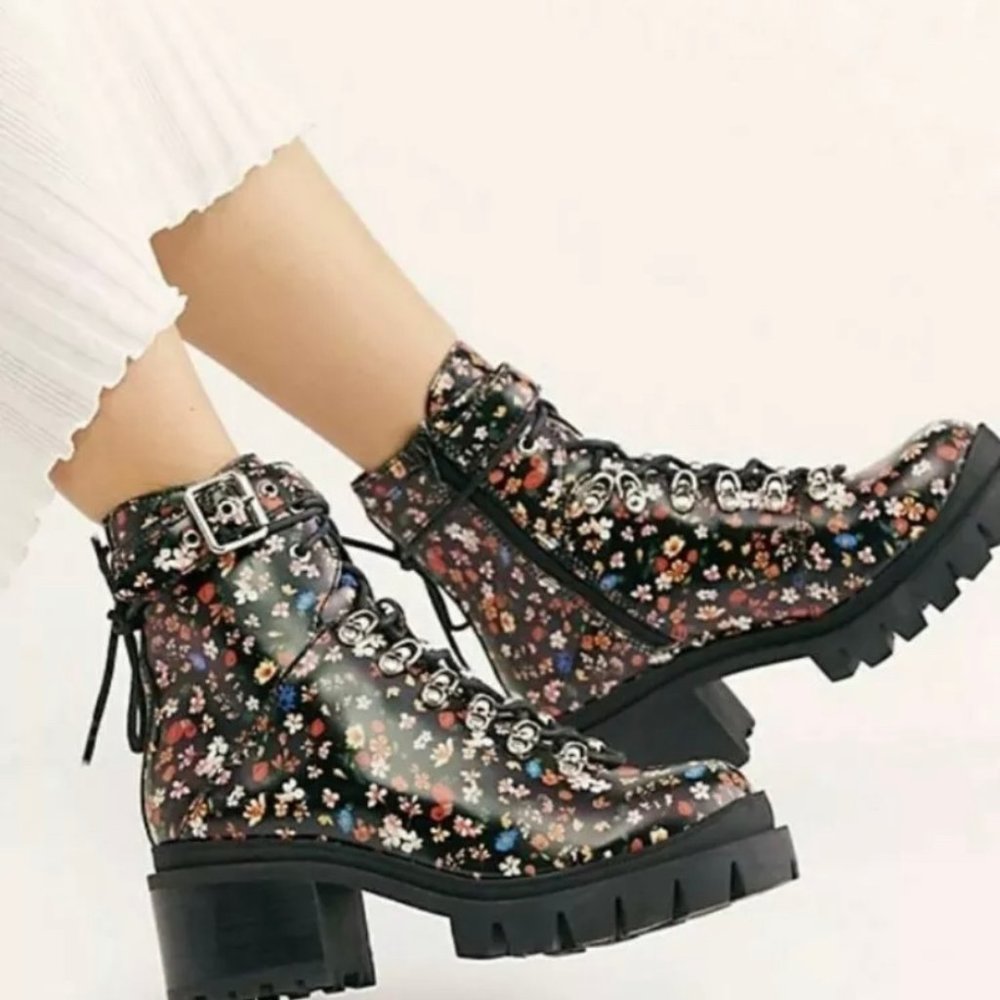 Free People Floral Printed Check - Up Lace Boots